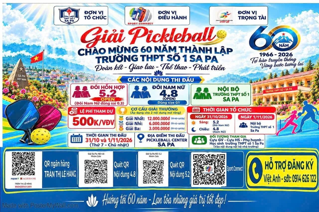 GIẢI PICKLEBALL CHÀO MỪNG 60 NĂM THÀNH LẬP TRƯỜNG THPT SỐ 1 SAPA - ĐÔI HỖN HỢP 5.2 OPEN