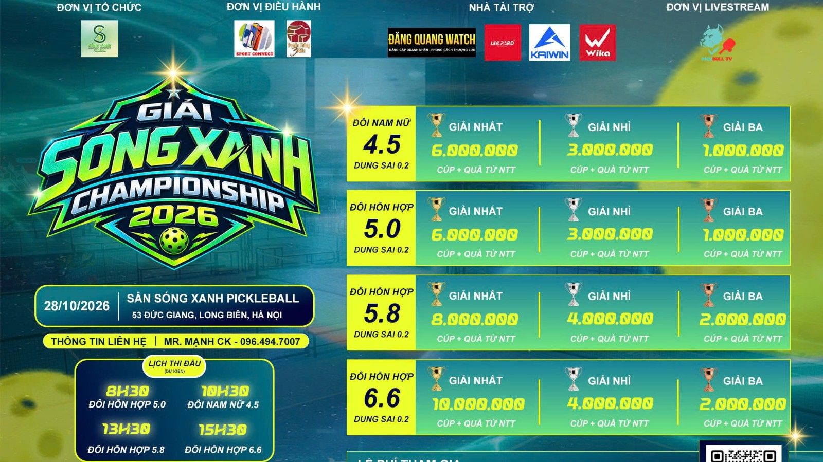 GIẢI PICKLEBALL SÓNG XANH CHANPIONSHIP 2026 - ĐÔI HỖN HỢP 5.0