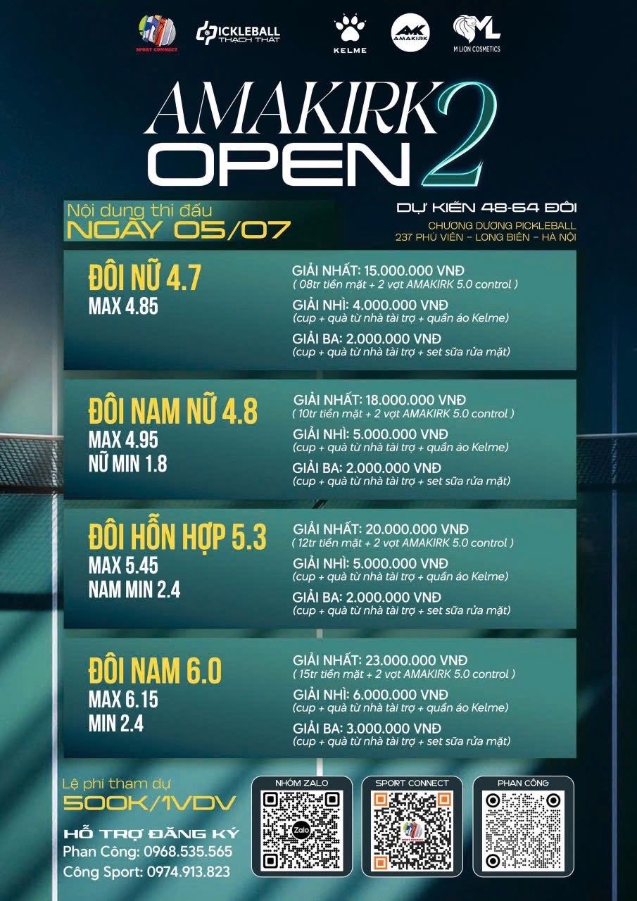 GIẢI PICKLEBALL AMAKIRK OPEN 2 - ĐÔI NAM NỮ 4.8