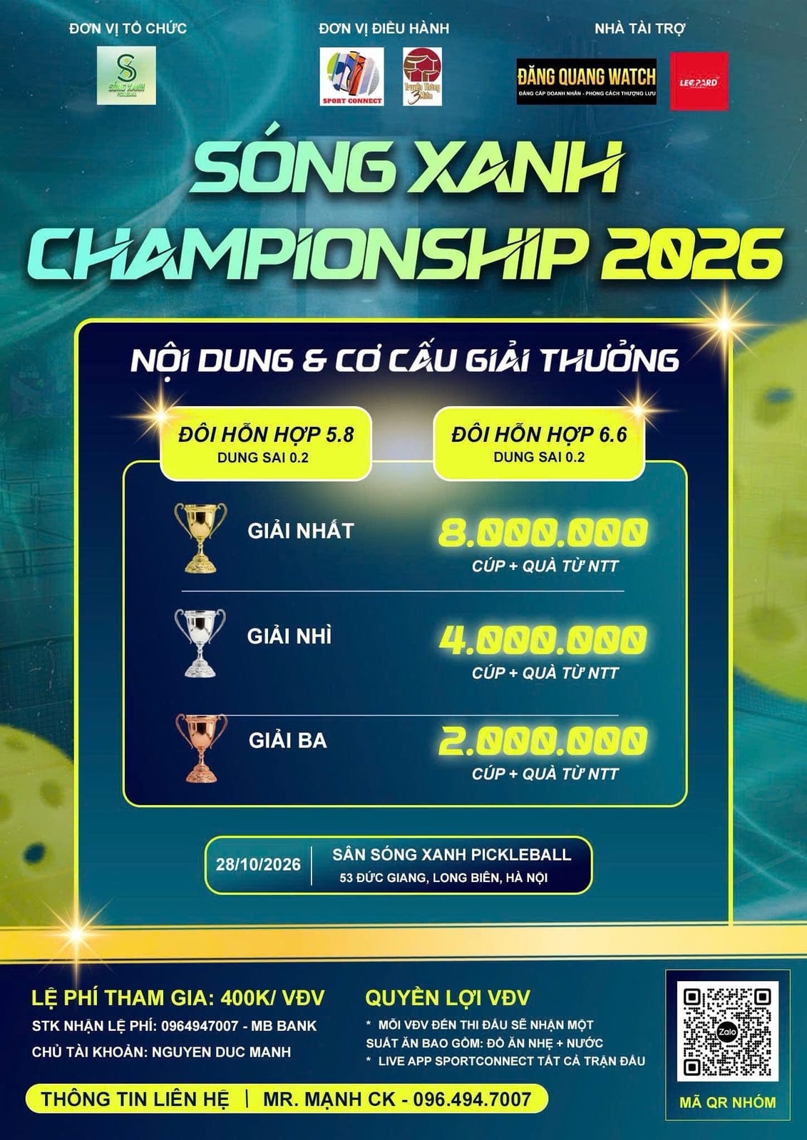 GIẢI PICKLEBALL SÓNG XANH CHANPIONSHIP 2026 - ĐÔI HỖN HỢP 6.6