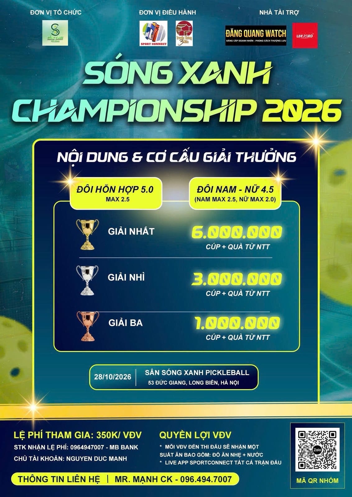 GIẢI PICKLEBALL SÓNG XANH CHANPIONSHIP 2026 - ĐÔI NAM NỮ 4.5