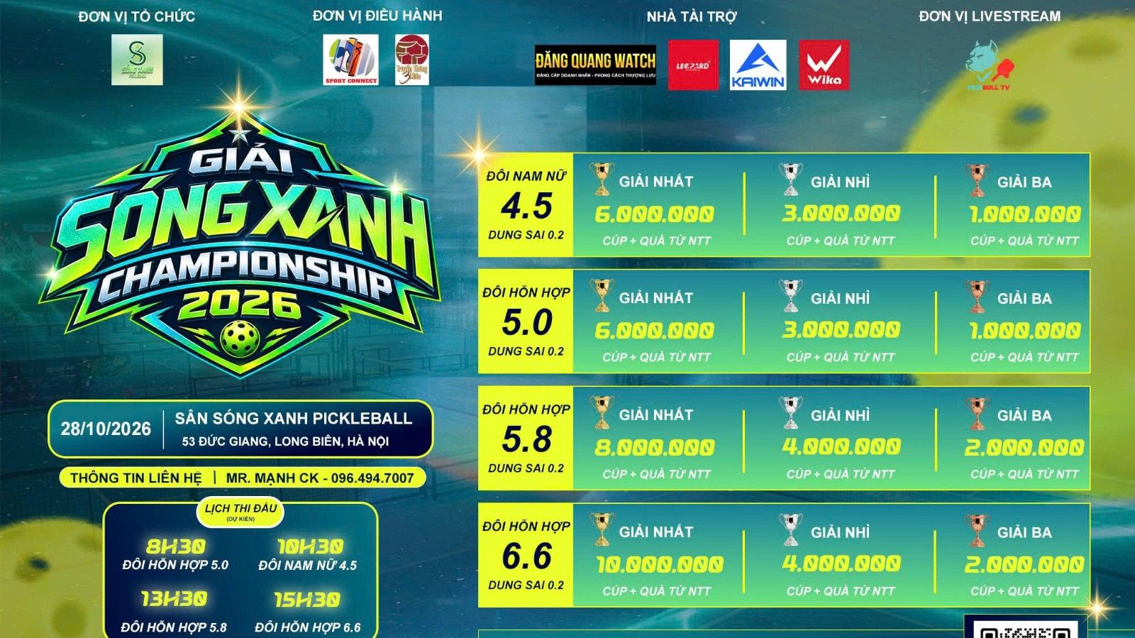 GIẢI PICKLEBALL SÓNG XANH CHANPIONSHIP 2026 - ĐÔI HỖN HỢP 5.8